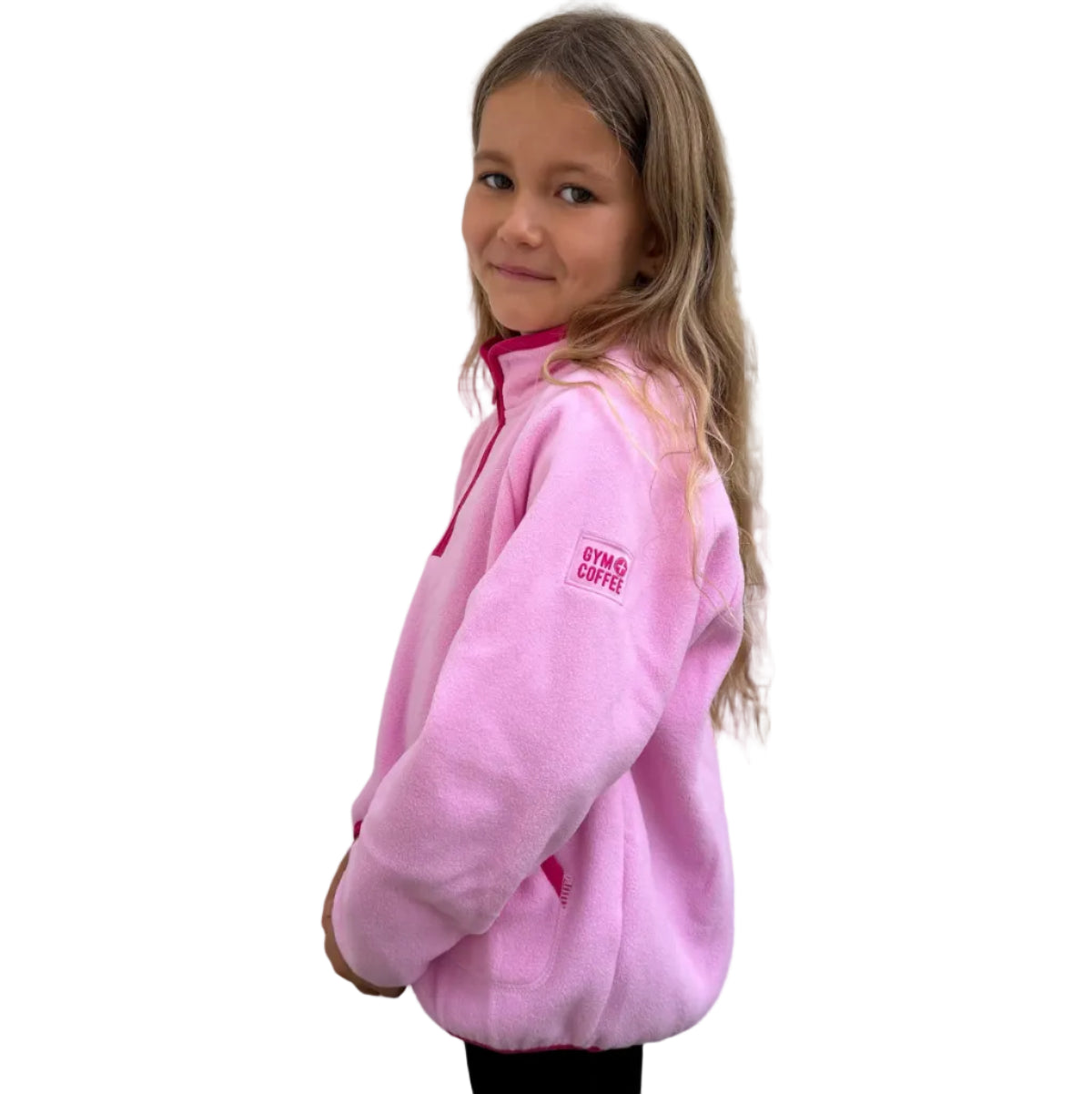 Gym+Coffee girls' polar fleece half zip in pink blossom