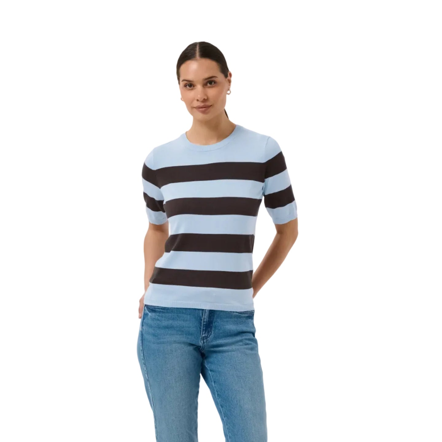 Kaffe Womens KAlizza Striped Knit Pullover Blue Fog/Brown Wide Stripe
