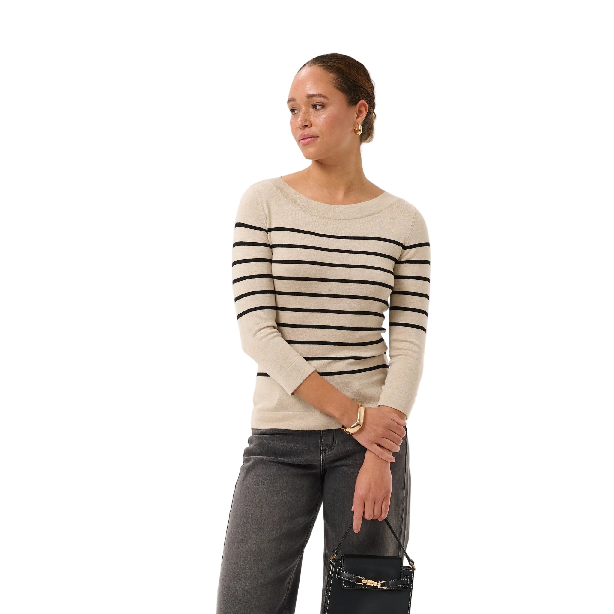 Kaffe Womens KAlizza Boatneck Pullover Feather Grey Melange/Black