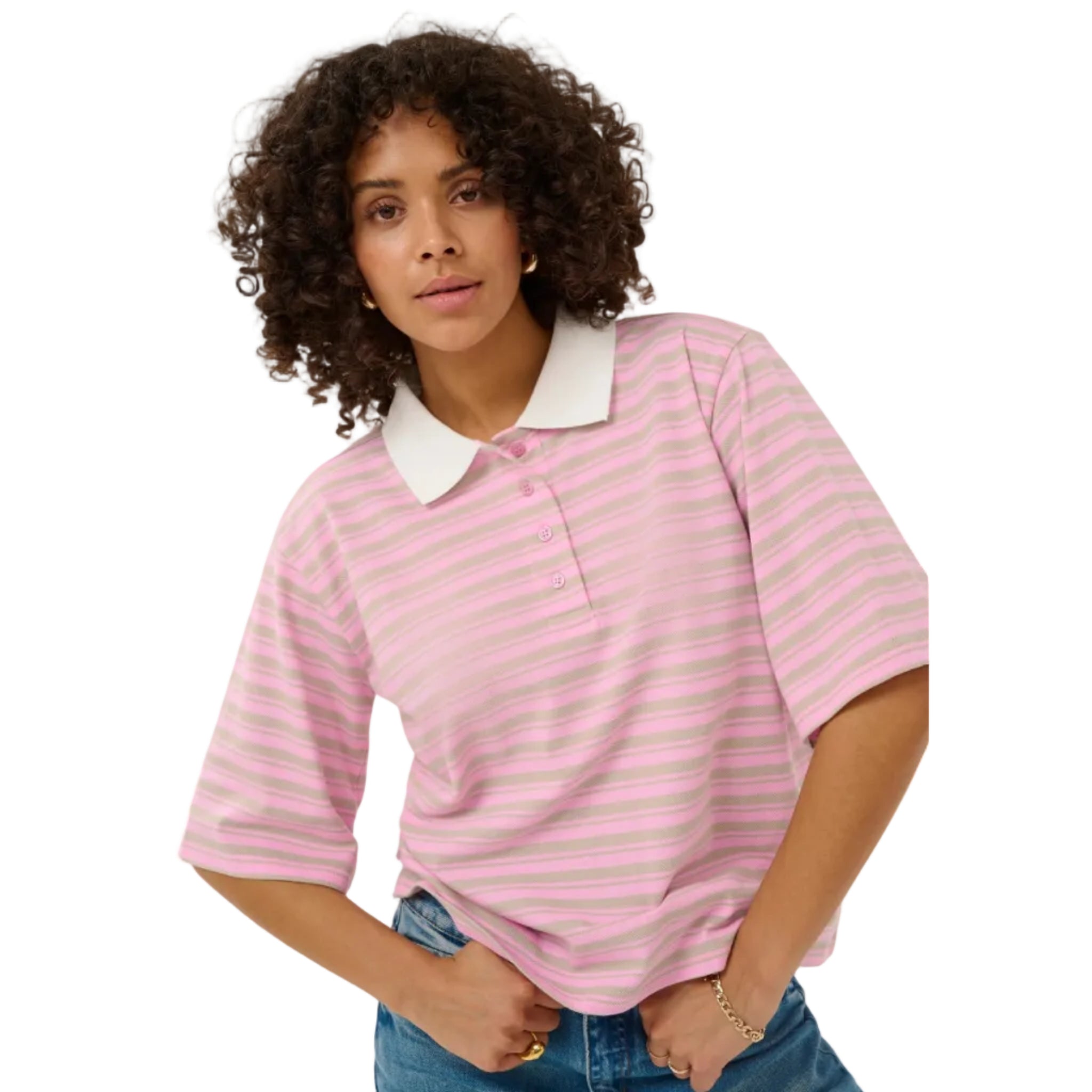 Kaffe Womens KAmiala Polo T-Shirt Pink Frosting/Feather Grey