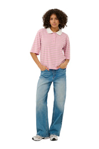 Kaffe Womens KAmiala Polo T-Shirt Pink Frosting/Feather Grey