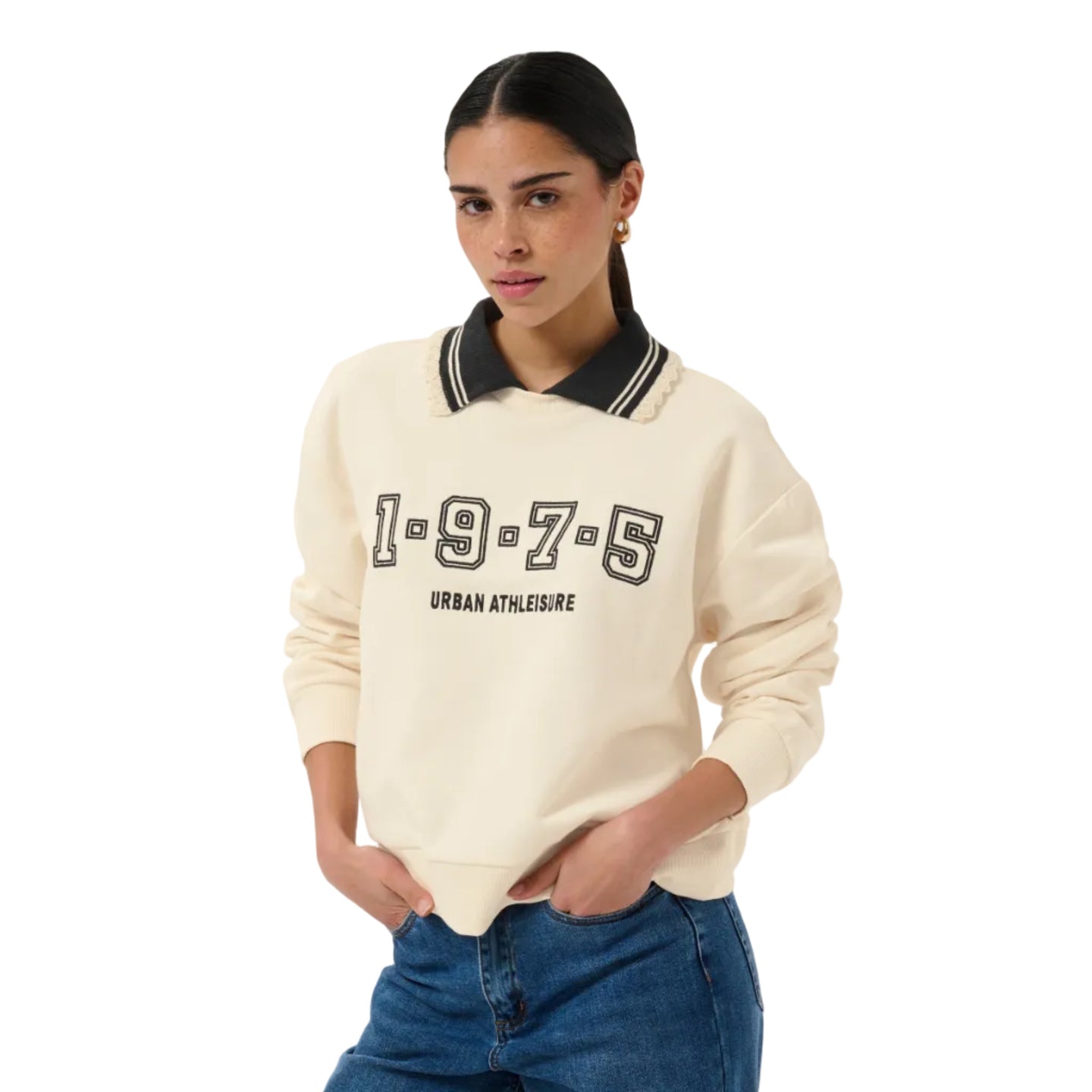 Kaffe women's cream sweatshirt with collegiate graphic