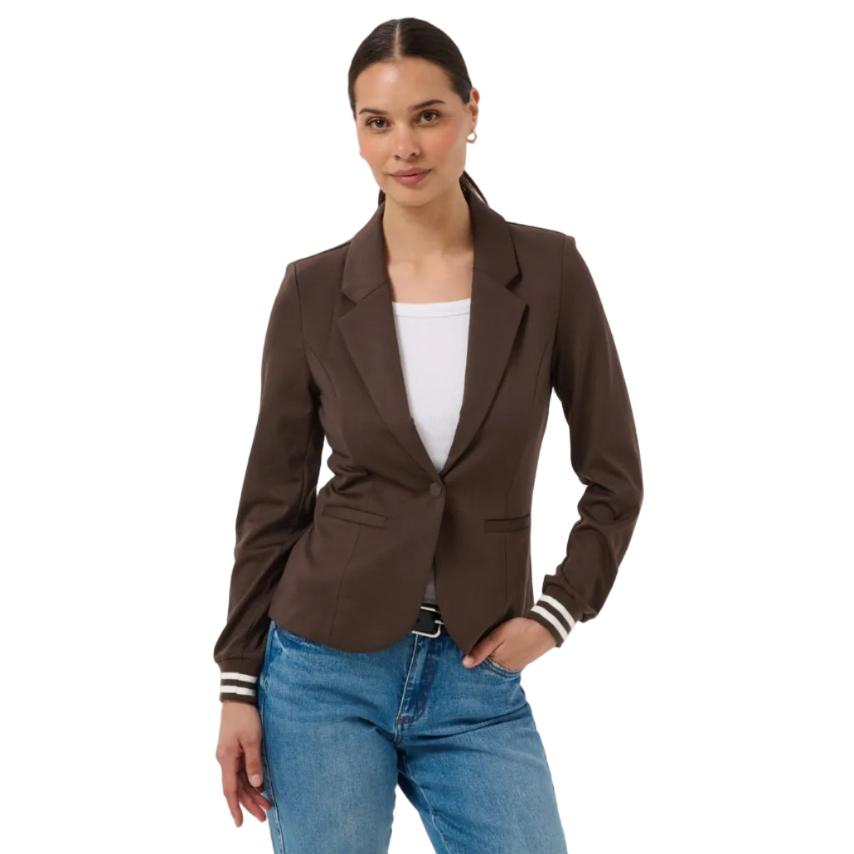 Kaffe women's Kinnie blazer in coffee bean and chalk stripe