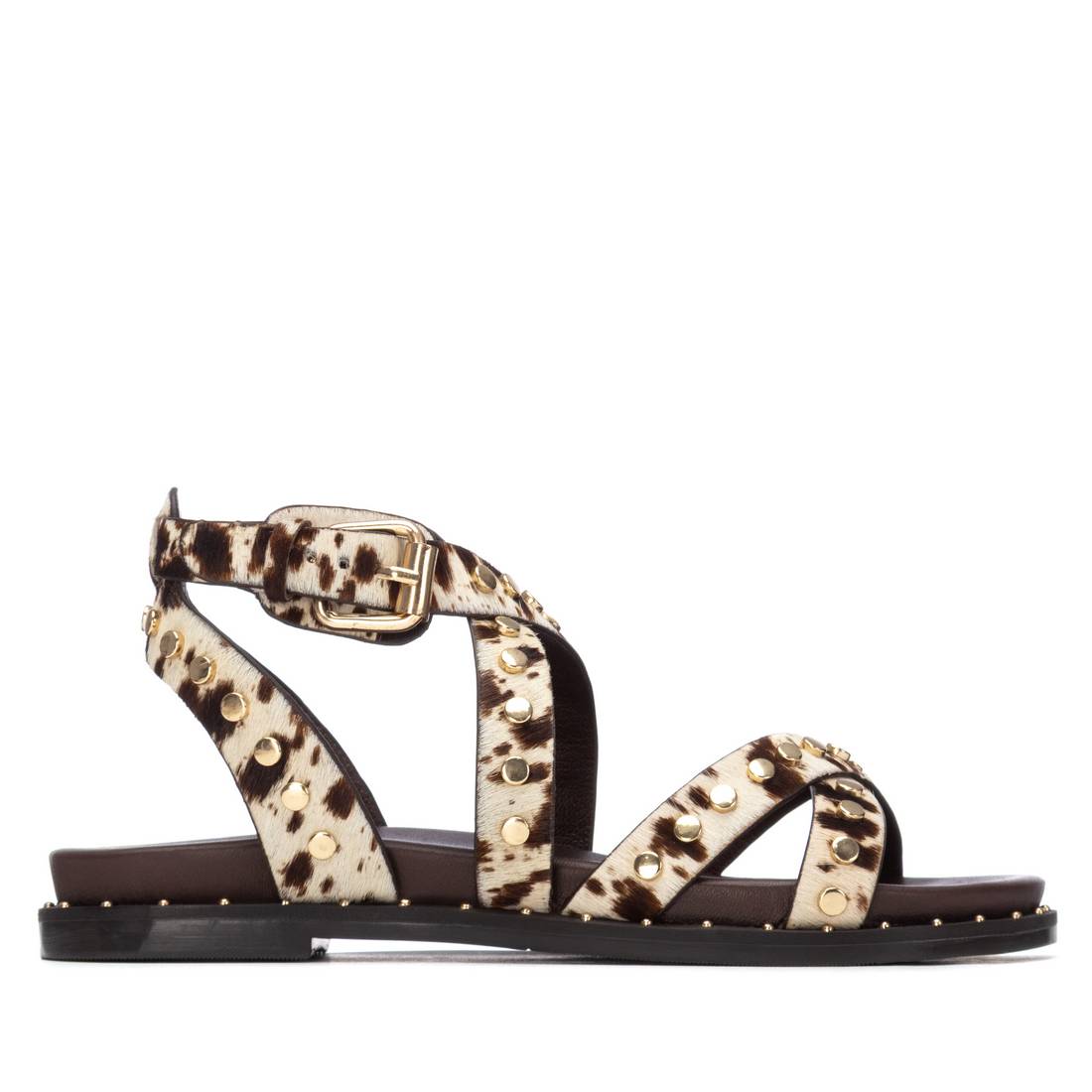 Carmela women's cow-print leather sandal with buckle