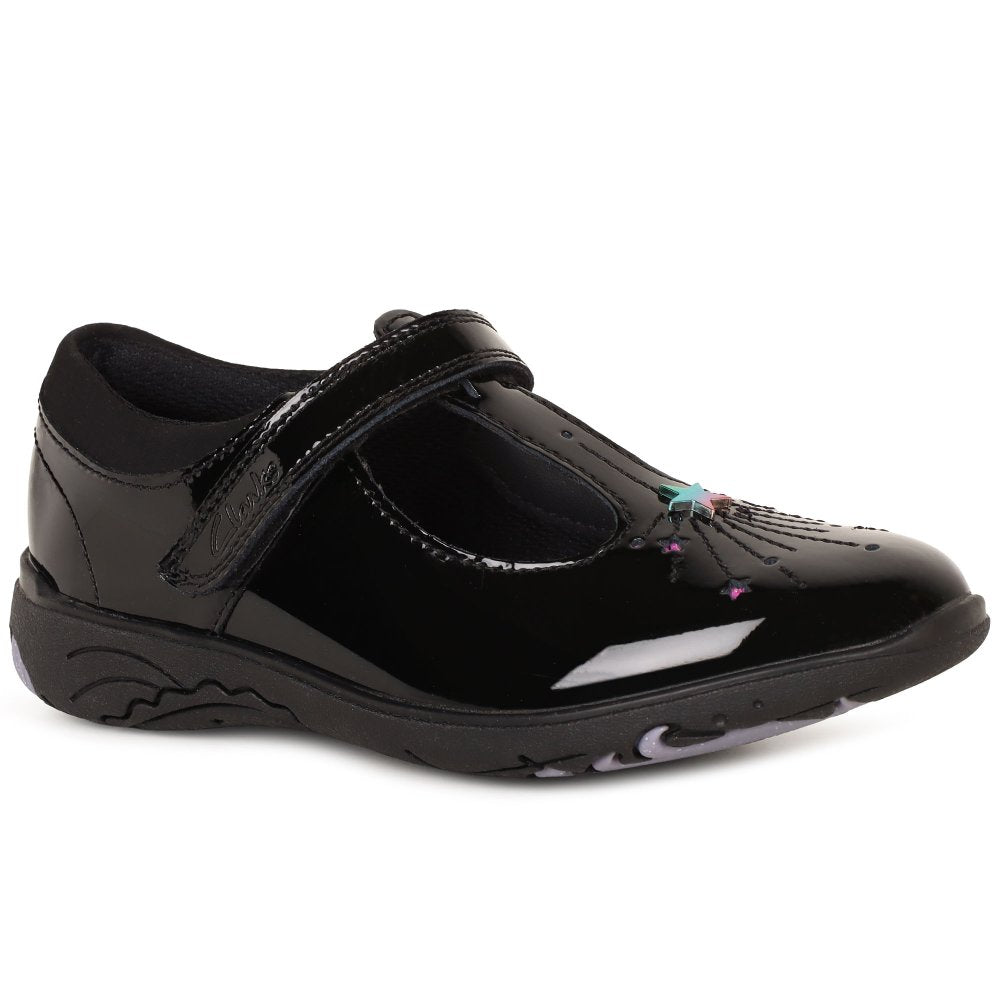 Clarks girls' black patent T-bar school shoe