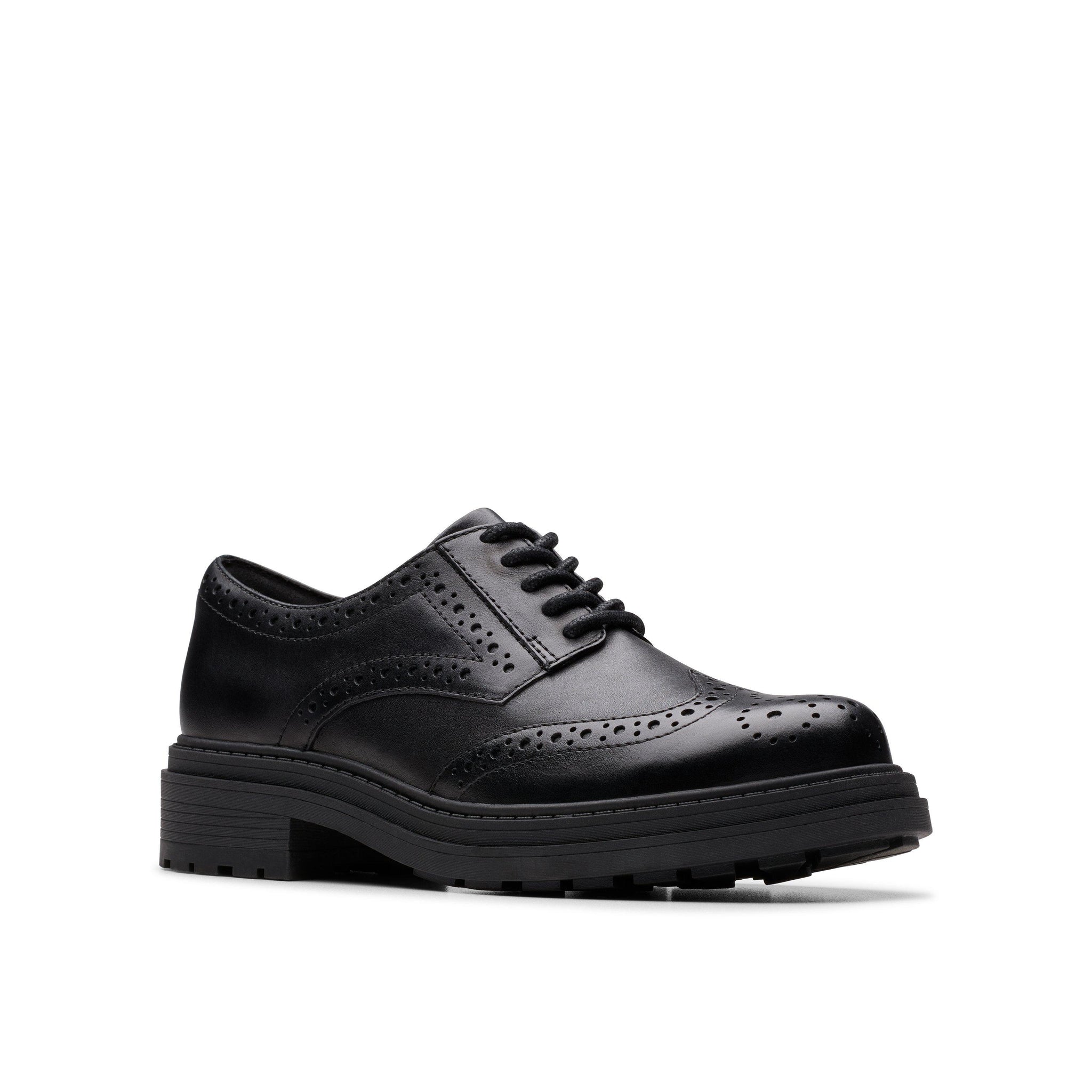 Clarks girls' black leather lace-up school shoe