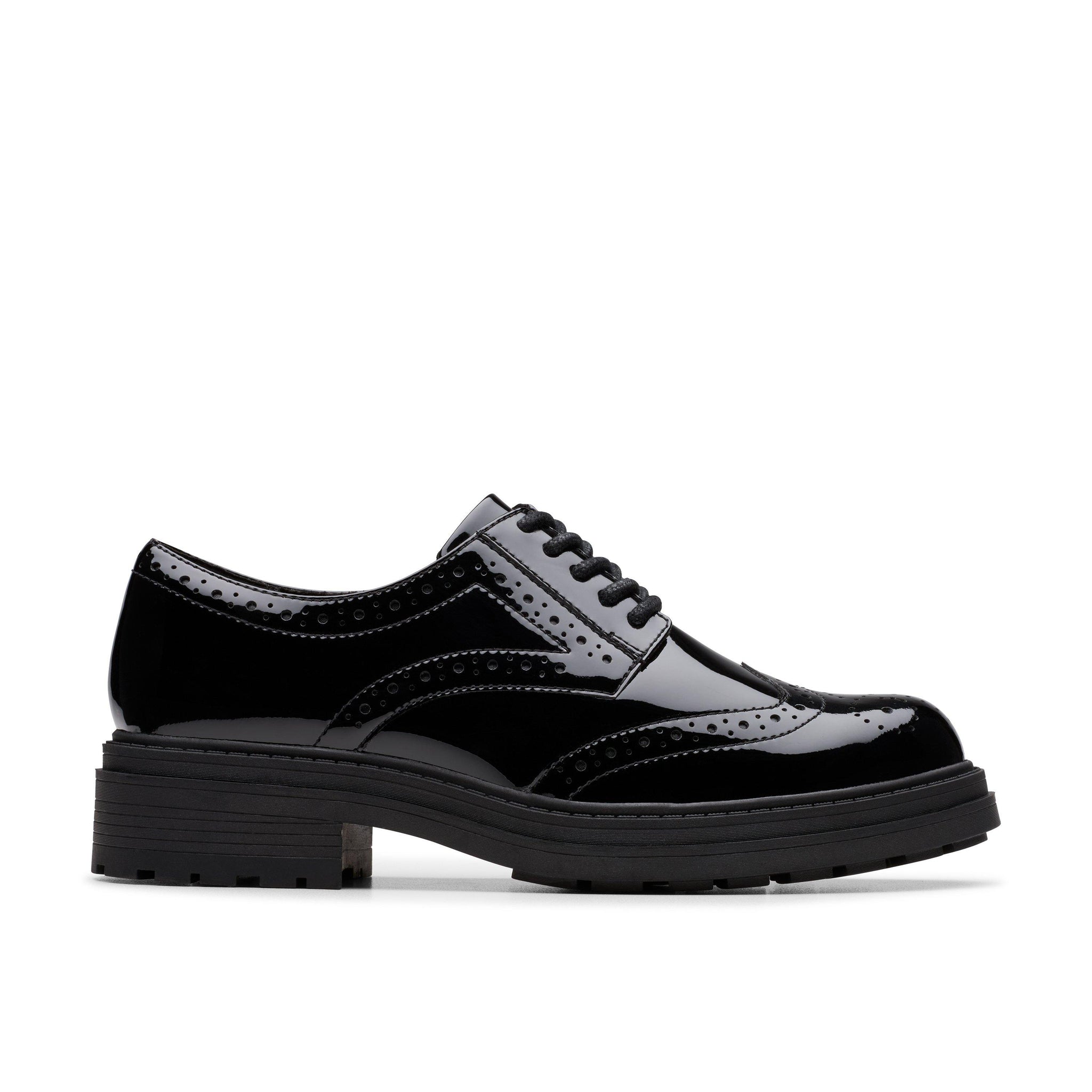 Clarks girls' black patent lace-up school shoe