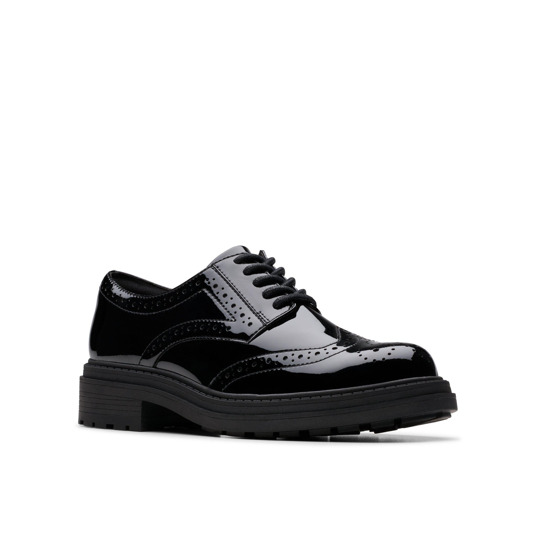 Clarks girls' black patent lace-up school shoe