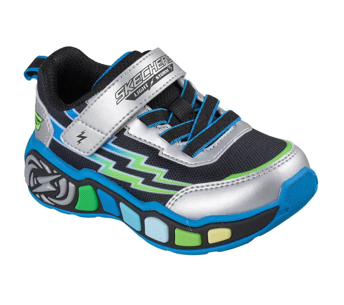Skechers boys' S Lights Lil' Storm trainer in silver and black