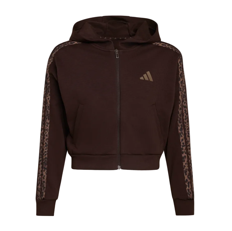 Adidas girls' brown cropped full-zip hoodie with animal-print sleeves