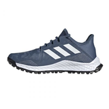 Blue and white athletic trainer with textured sole and lace-up front, side view