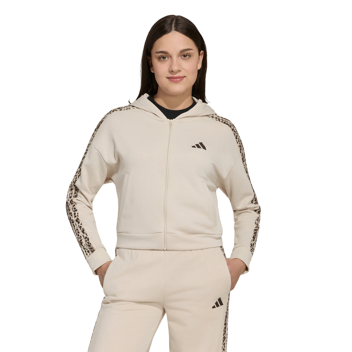 Adidas Girls Hoodie Animal 3 Stripes Full Zip Crystal Linen/Multicolour/Dark Brown