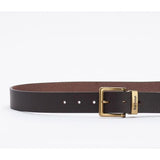 Brown leather belt with brass buckle and Barbour branding on white background