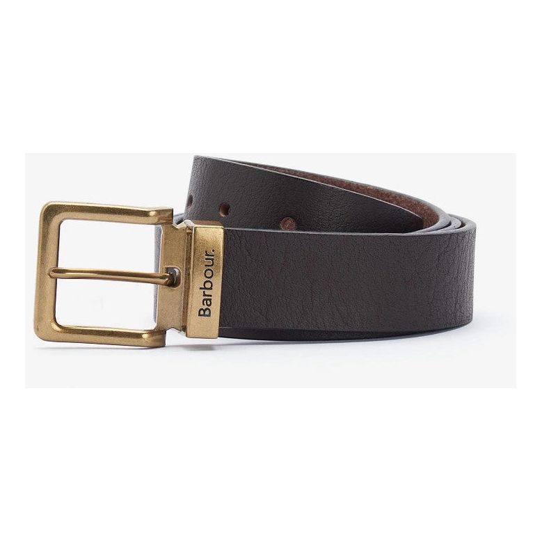 Brown leather belt with brass buckle and Barbour logo, stylish men's accessory
