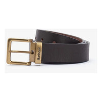 Brown leather belt with brass buckle and Barbour logo, stylish men's accessory