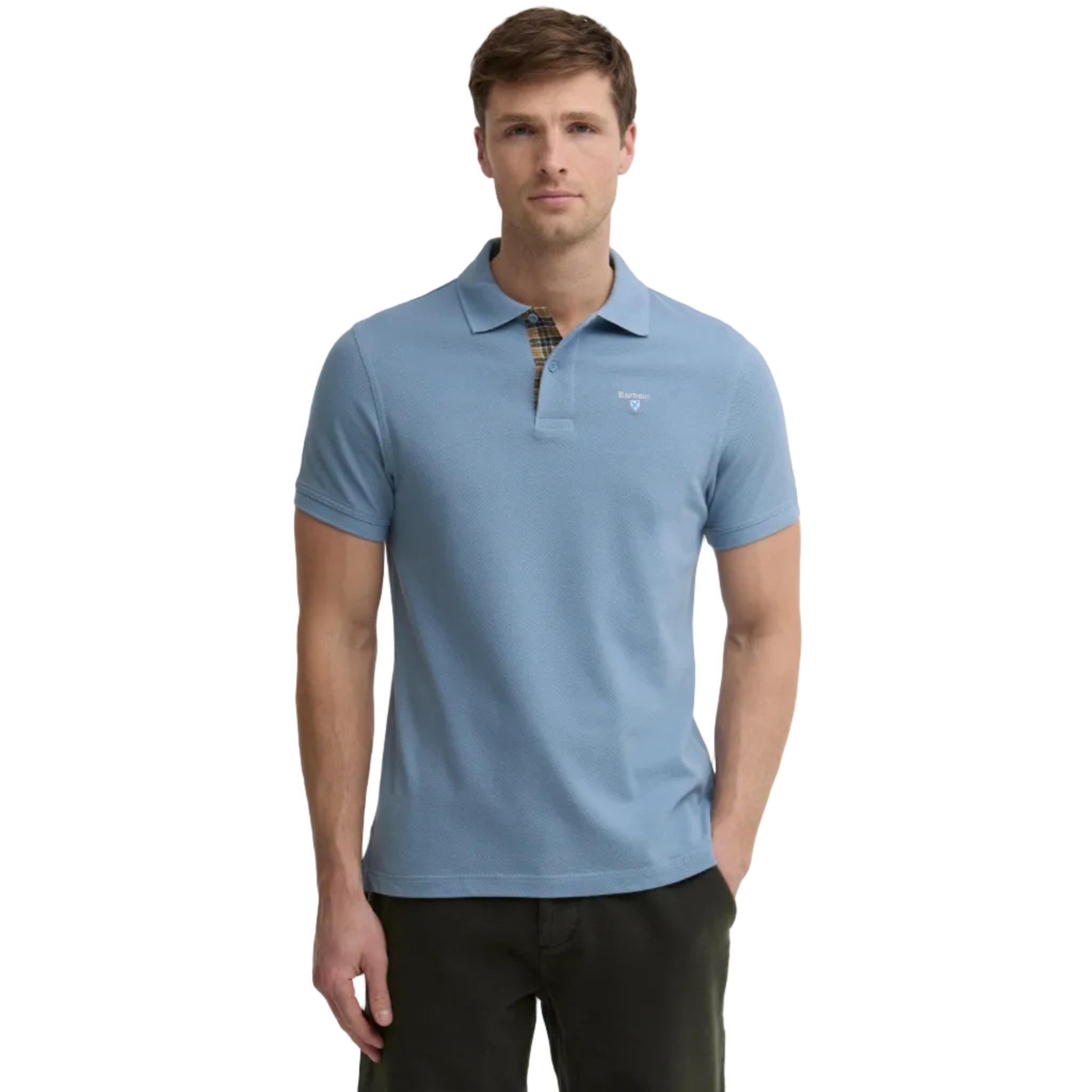 Barbour Mens Polo Shirt Tartan Pique Tailored Tarn Blue
