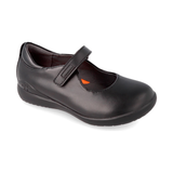 Black leather girls school shoe with Velcro strap and rounded toe, single Mary Jane style