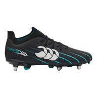 A black Canterbury soccer cleat with teal and white accents, featuring the Canterbury logo and 'SPEED' text on the side, set against a plain white background.