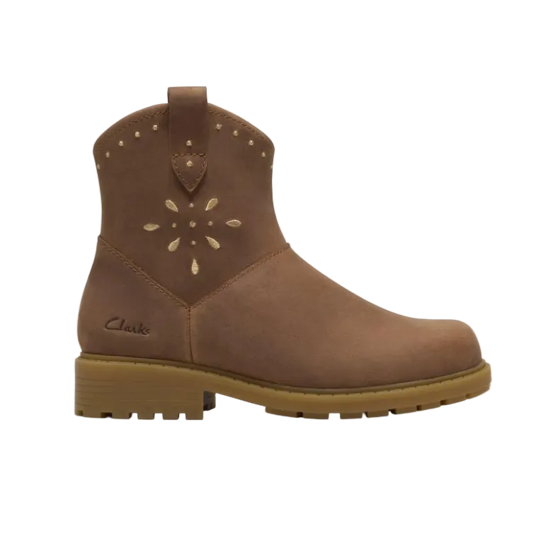 Clarks Tessyn girls' tan ankle boots with gold stud detail