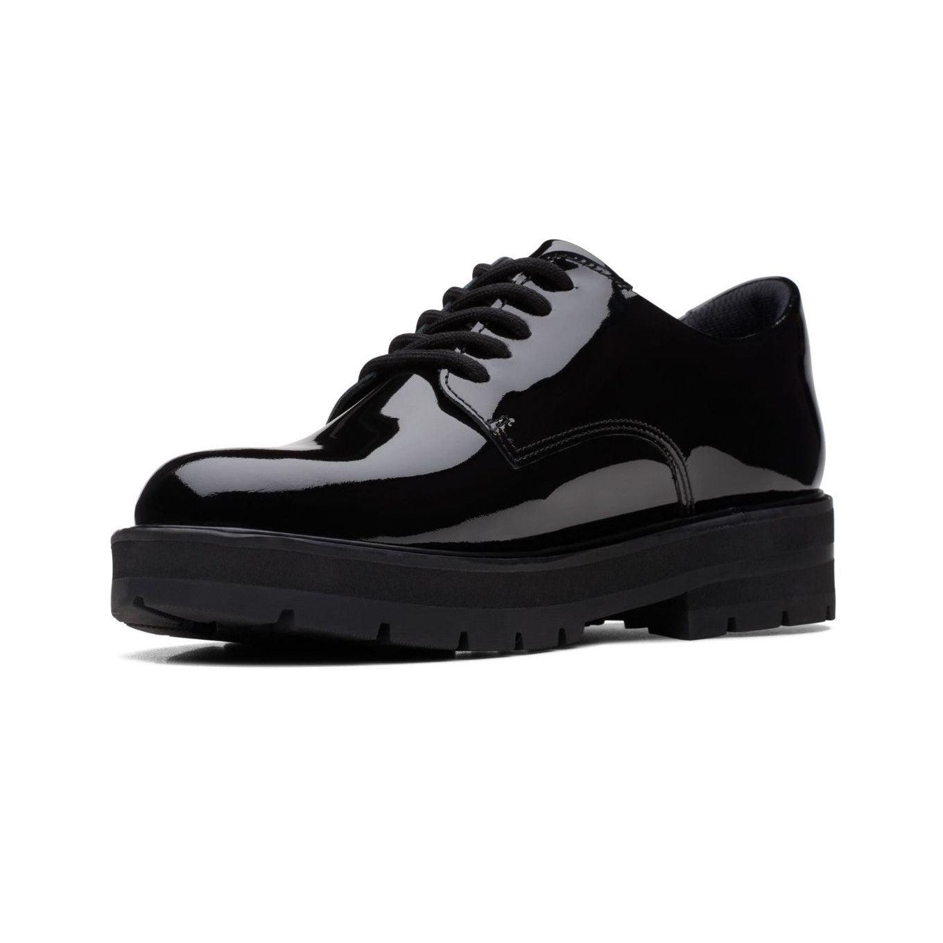 Clarks Youth Girls Prague Lace Shoe Black Patent - Donaghys