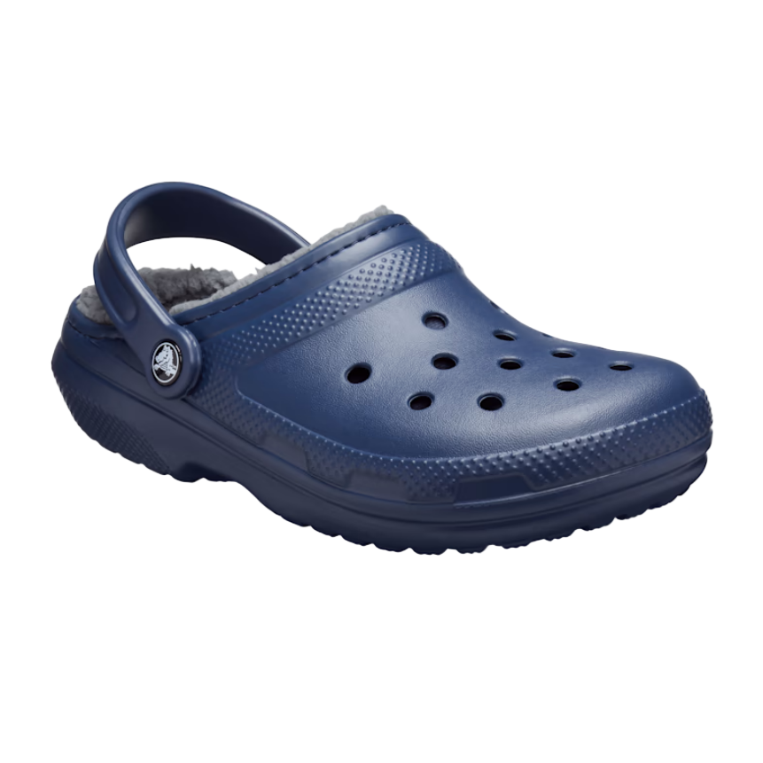 Classic blue navy clog with fleece lining and ventilation holes, casual footwear