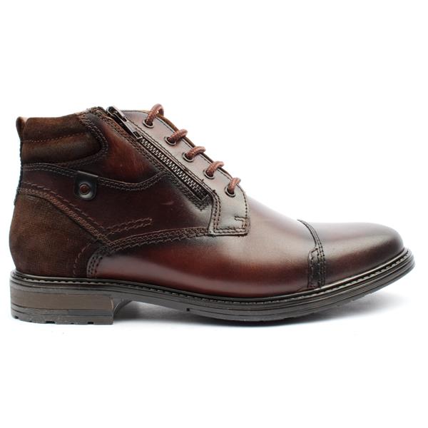 Men's brown leather ankle boot with side zipper, cap toe and lace-up design