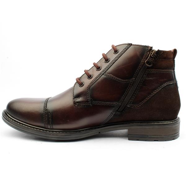 Men's brown leather ankle boot with side zip, lace-up closure, and low heel on white background
