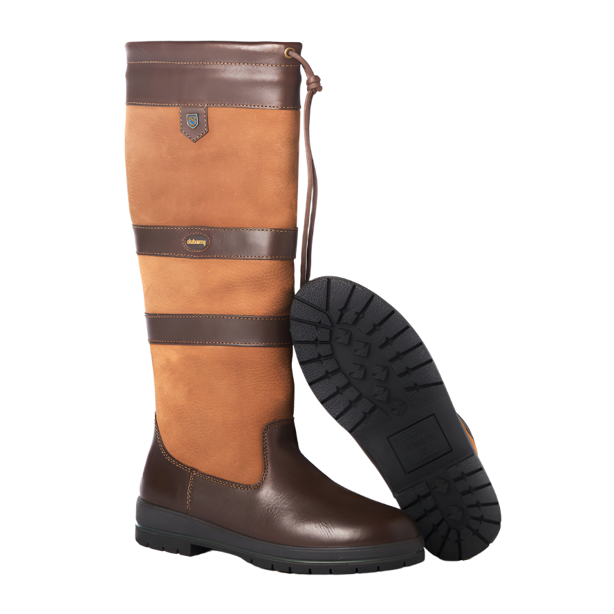 Brown leather knee-high country boots with textured sole, outdoor footwear product shot