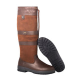 Tall brown leather and suede country boots with rubber sole and laced top detail