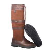 Brown slim fit knee-high leather country boots with rugged sole, side lace detail