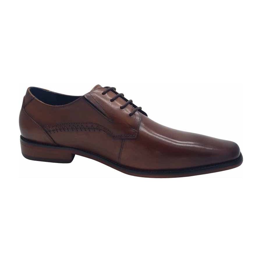Men’s brown leather lace-up dress shoe with stitched detail and low heel on white background