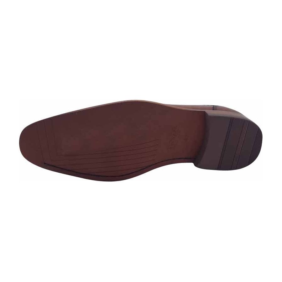 Close-up of brown leather dress shoe sole with textured grip details