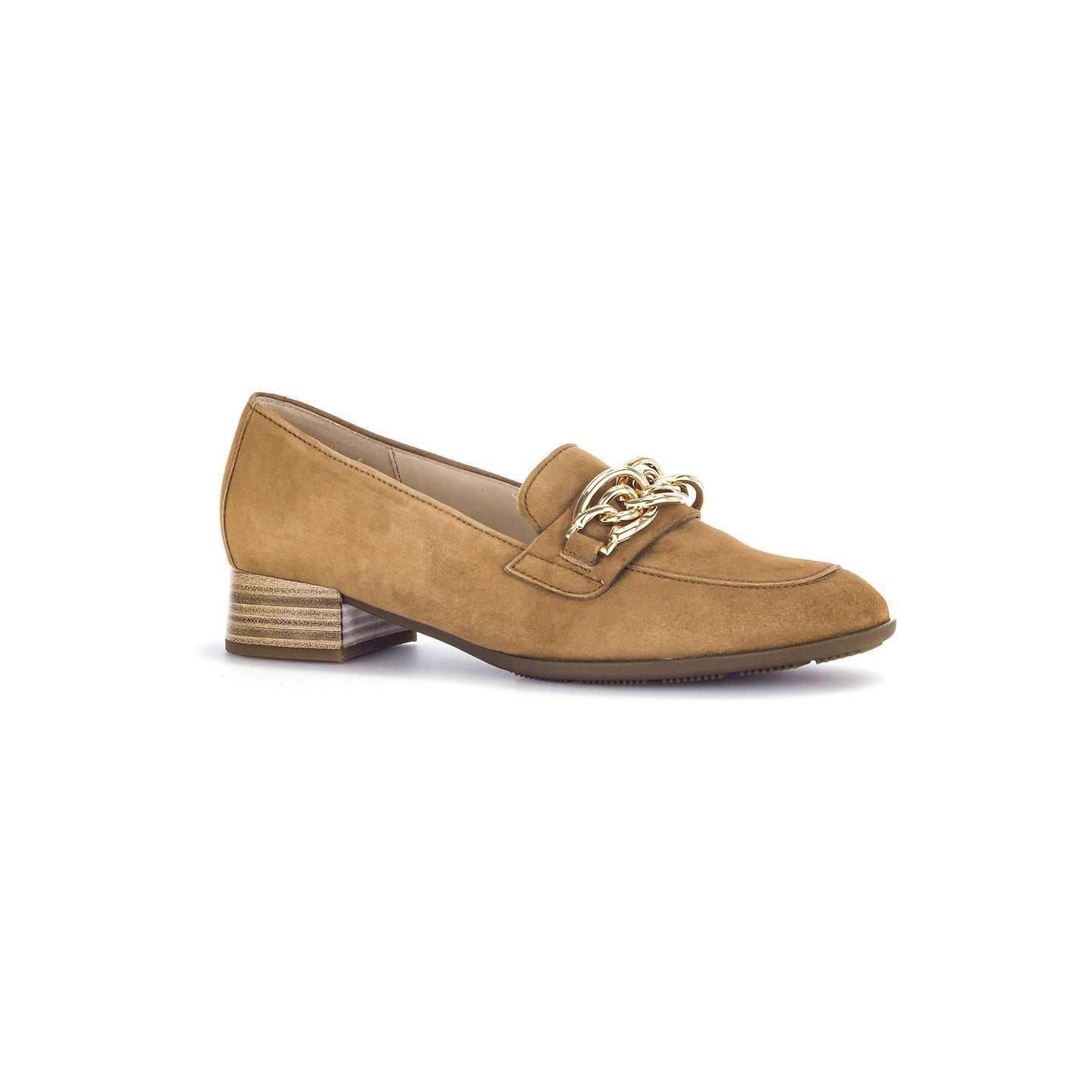 Tan suede loafer with gold chain detail and low block heel, women's fashion shoe