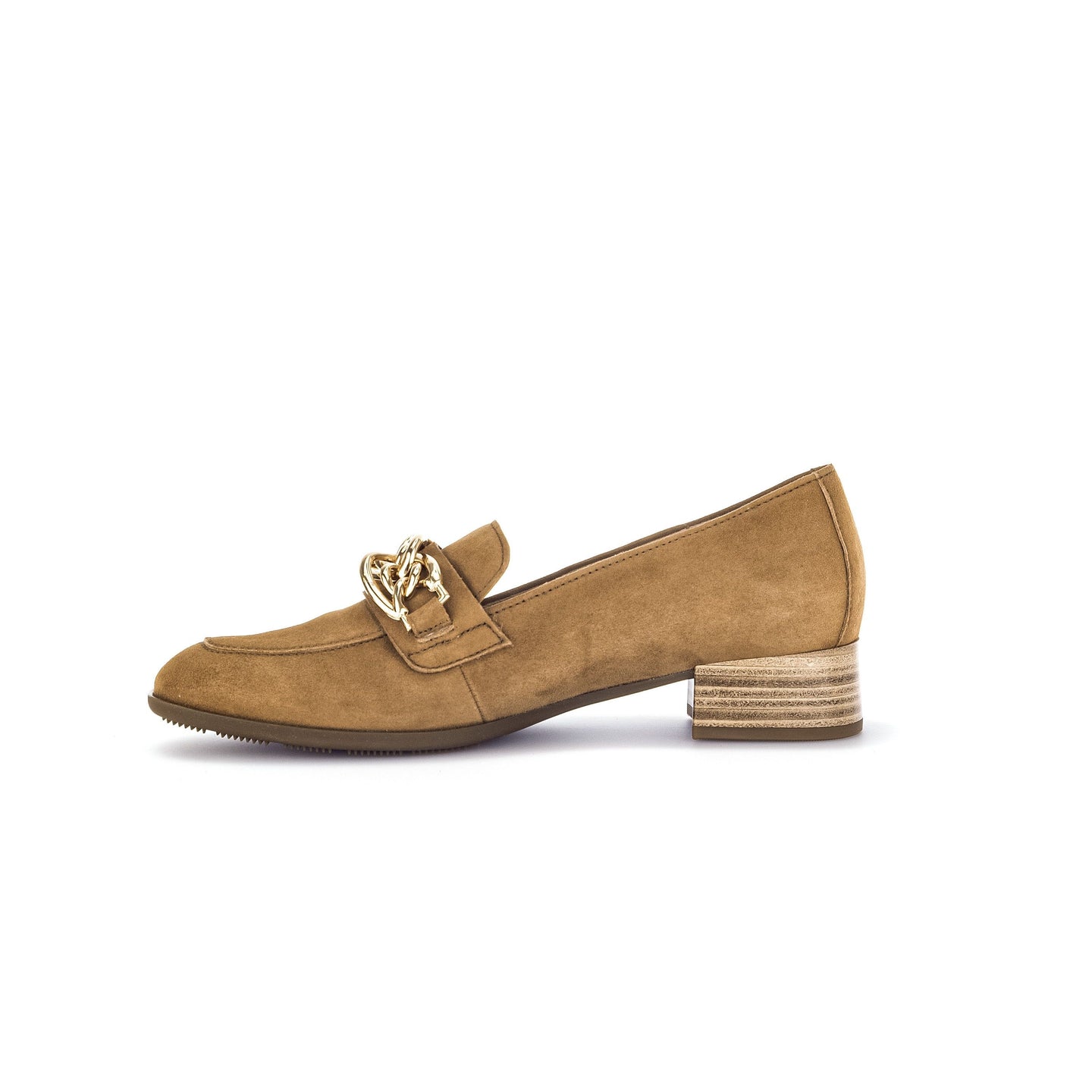 Tan suede ladies loafer with low block heel and gold chain detail on white background
