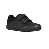 Black leather school shoe with double Velcro straps and textured rubber sole