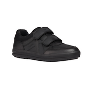 Black leather school shoe with double Velcro straps and textured rubber sole