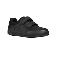 Black leather school shoe with double Velcro straps and textured rubber sole