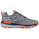 Grey and orange athletic trainer shoe with mesh panels and textured sole, side view
