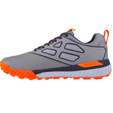 Grey and orange athletic trainer with mesh panels and rubber sole, side view