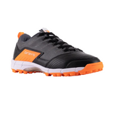 Black and orange athletic shoe with textured sole and mesh upper, side logo visible