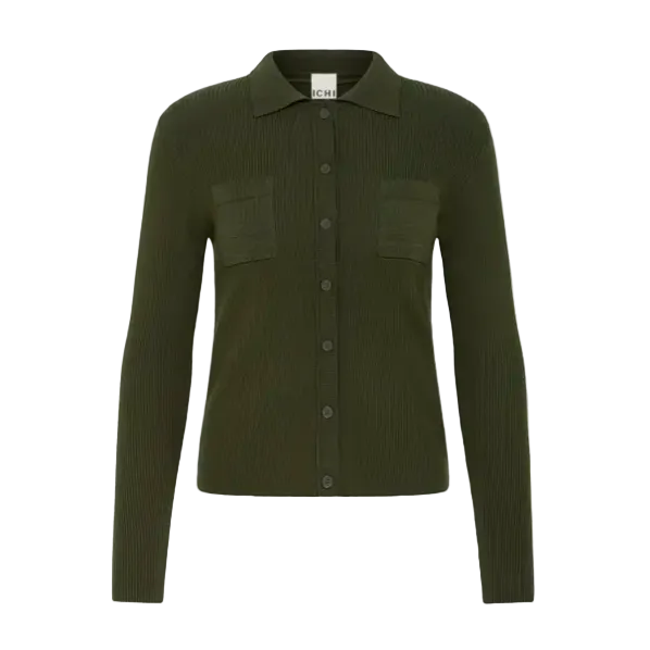 Ichi women's rosin green Luls ribbed knit polo cardigan