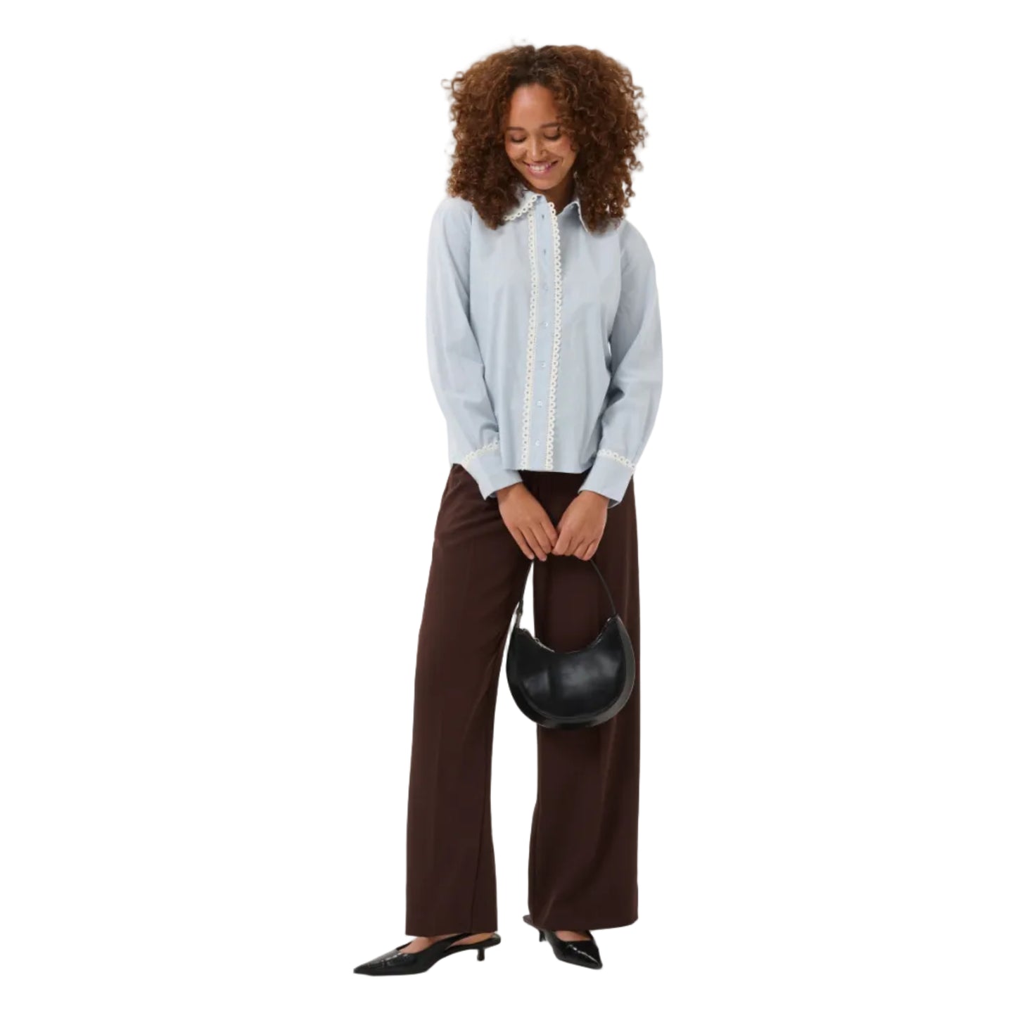 Kaffe women's blue shirt with white lace trim