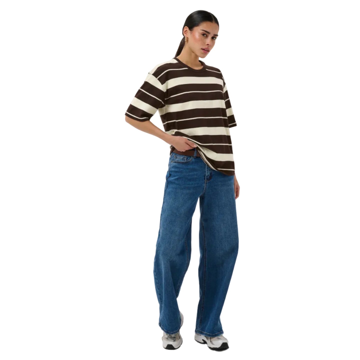 Kaffe women's brown and cream striped t-shirt