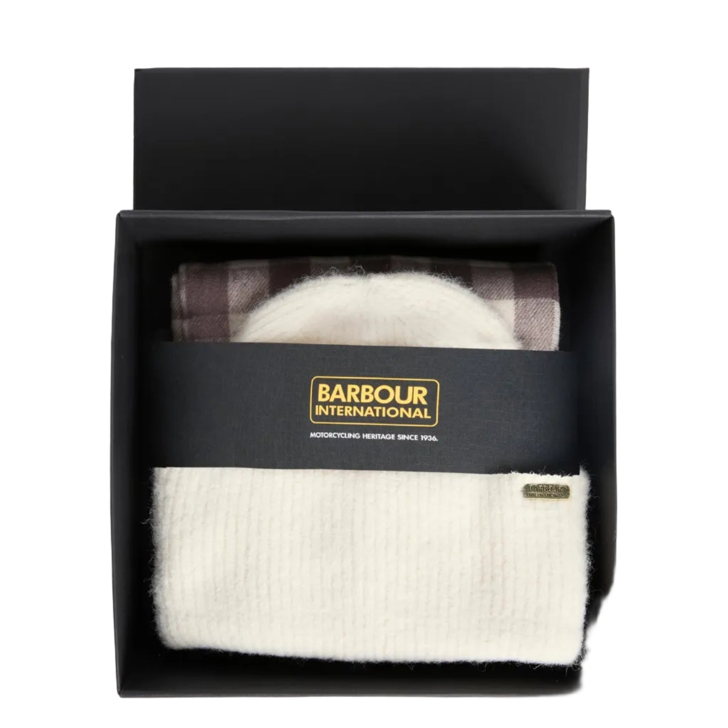 Barbour International Kemora women's moonbeam and truffle beanie and scarf gift set