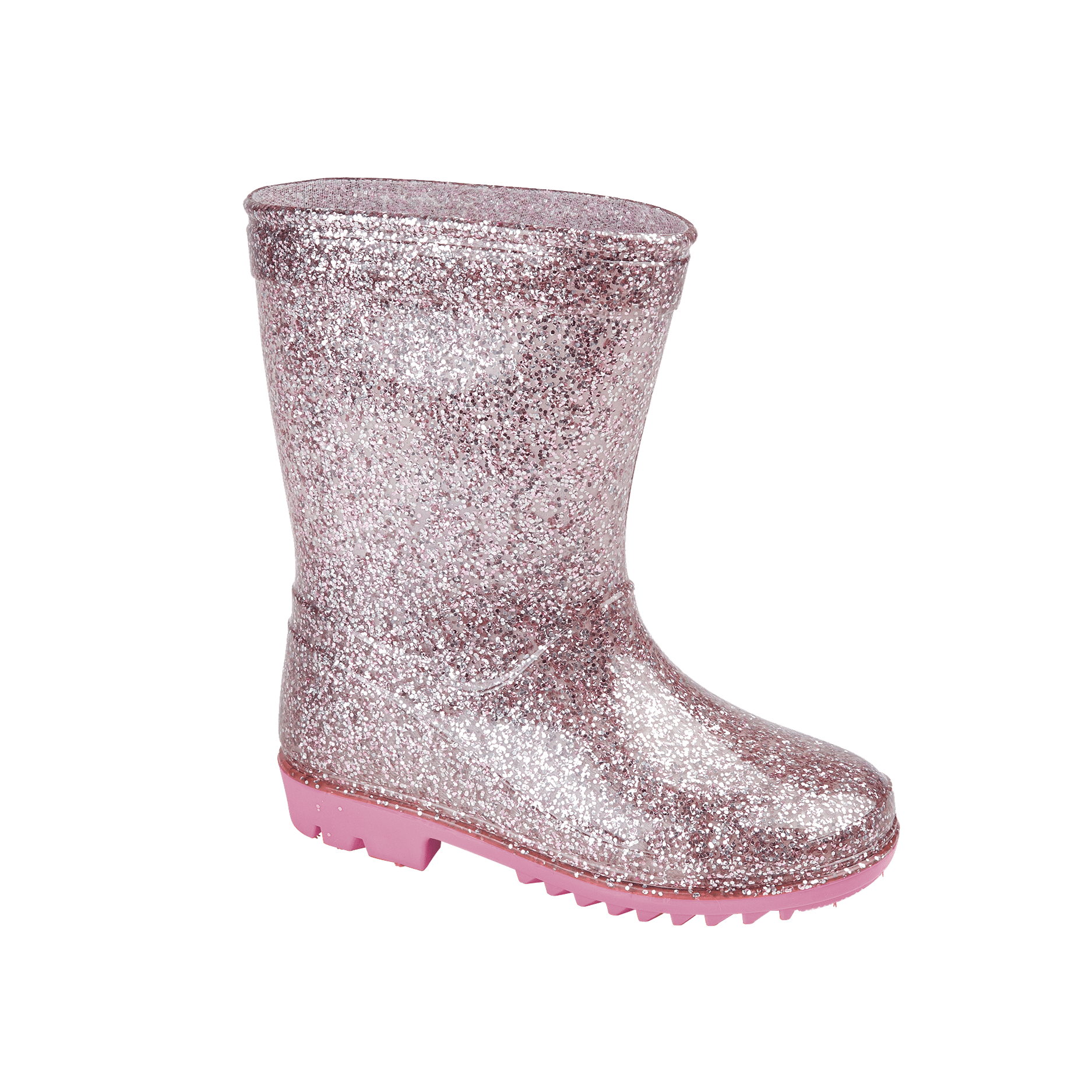 Pink glitter kids' wellington boot with rugged sole on white background