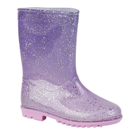 Children's purple glitter wellington boot with pink sole on white background