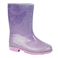 Children's purple glitter wellington boot with pink sole on white background