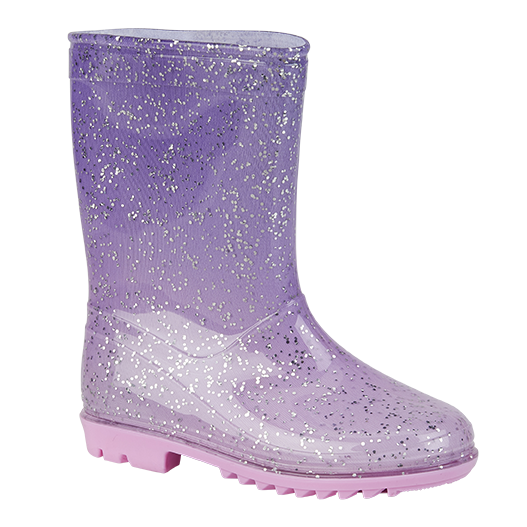 Children's purple glitter wellington boot with pink sole on white background