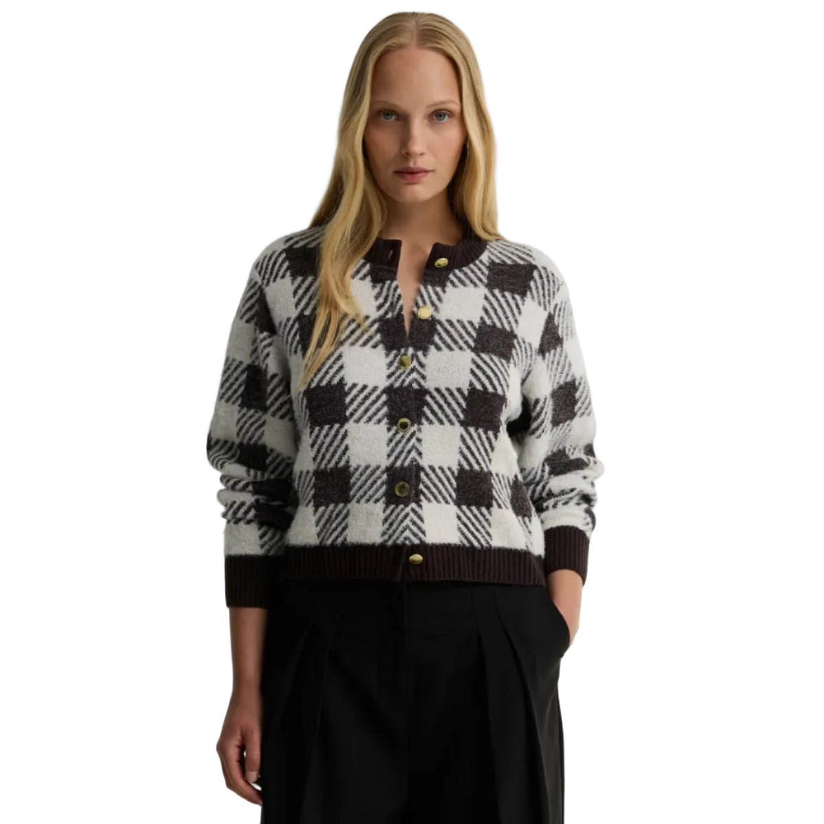 Barbour women's brown checked knitted cardigan