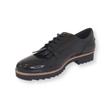 Black patent leather lace-up brogue shoe with fringe detail and chunky sole on white background